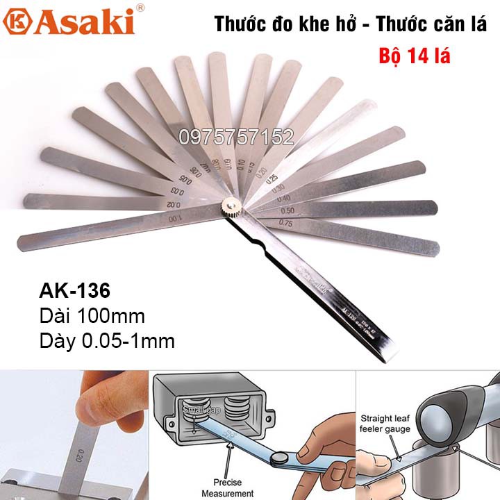 Thước căn lá - Thước đo khe hở 14 lá 0.05-1.00mm Asaki AK-136 100mm