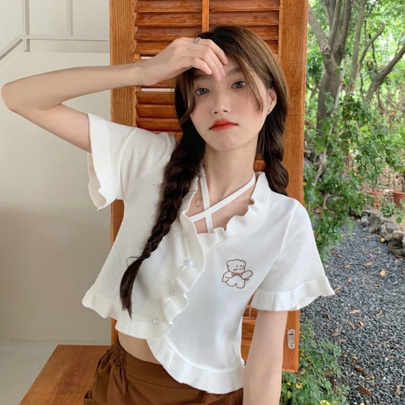 Áo croptop tay ngắn in hình hoạt hình ngọt ngào dáng ôm thời trang mùa hè cho nữ