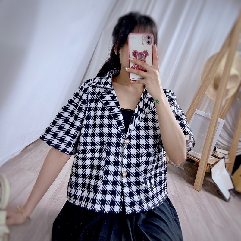 Set áo vest croptop kẻ caro mix chân váy dập li dài Áo crt kaki dáng véc