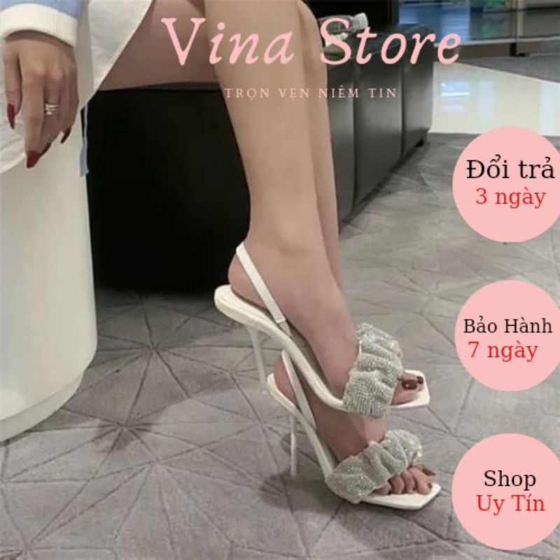 GIÀY SANDAL CAO GÓT NỮ 7-9 PHÂN ĐẾ NHỌN QUAI NHÚN ĐÍNH ĐÁ MÀU TRẮNG ĐEN  HOTTREND 2022- MÃ S042