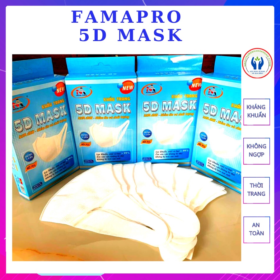 Khẩu trang 5D người lớn, Khẩu trang 5D mask Nam Anh, Khẩu trang 5D QUAI VẢI, (hộp 10 cái), 3 lớp, dày ôm sát mặt.