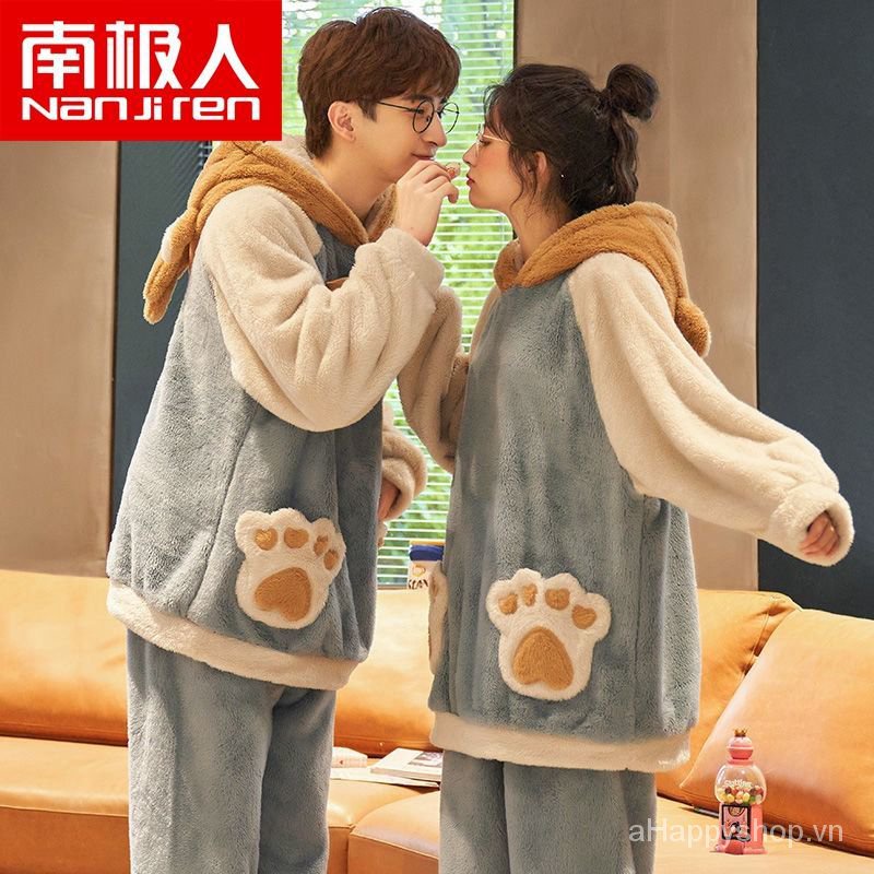 Bộ đồ ngủ vải nhung san hô lông cừu dày giữ ấm thời trang thu đông cho nam và nữ