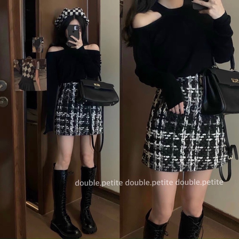 Set áo len hở vai + chân váy dạ kẻ tweed