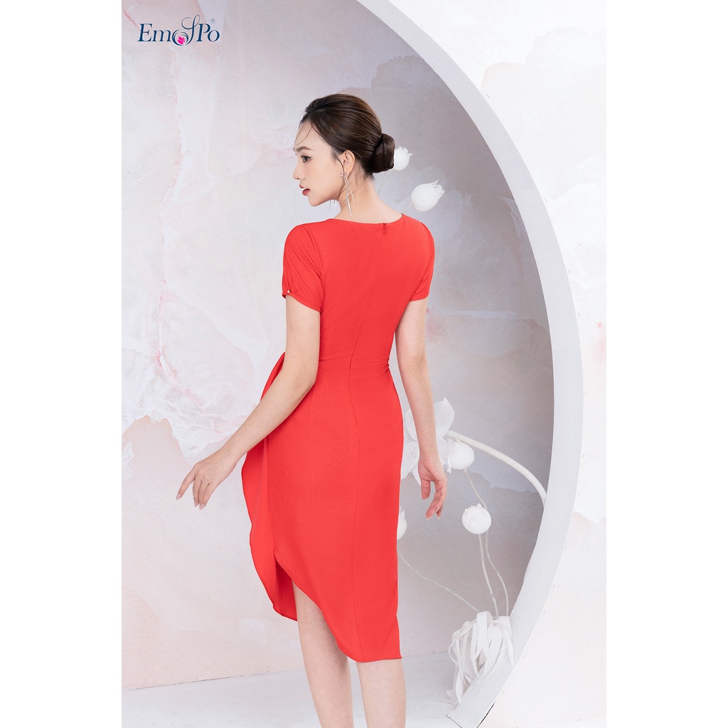 Đầm ôm rúm ly eo Emspo đính nơ cổ, bèo dọc chân váy DS3630