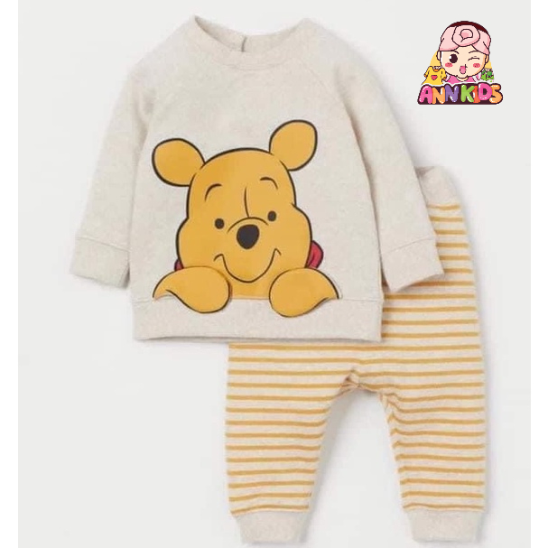 Bộ dài tay thu đông bé trai - Bộ nỉ da cá gấu Pooh Hm cho bé trai size 1-6t