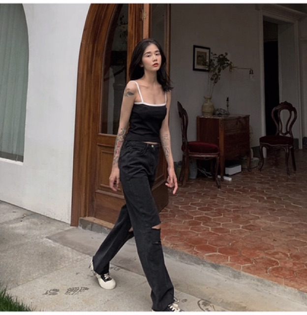 [ORDER Quần jeans rách ống rộng màu đen eo cao Ulzzang siêu chất ❤️ | BigBuy360 - bigbuy360.vn