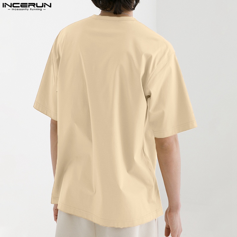 Áo thun cotton INCERUN ngắn tay màu trơn cổ thuyền đơn giản cho nam