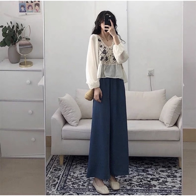 Áo voan tay dài cổ V họa tiết thêu phong cách retro cổ điển xinh xắn cho nữ/Áo Gile dệt kim Quảng Châu cao cấp