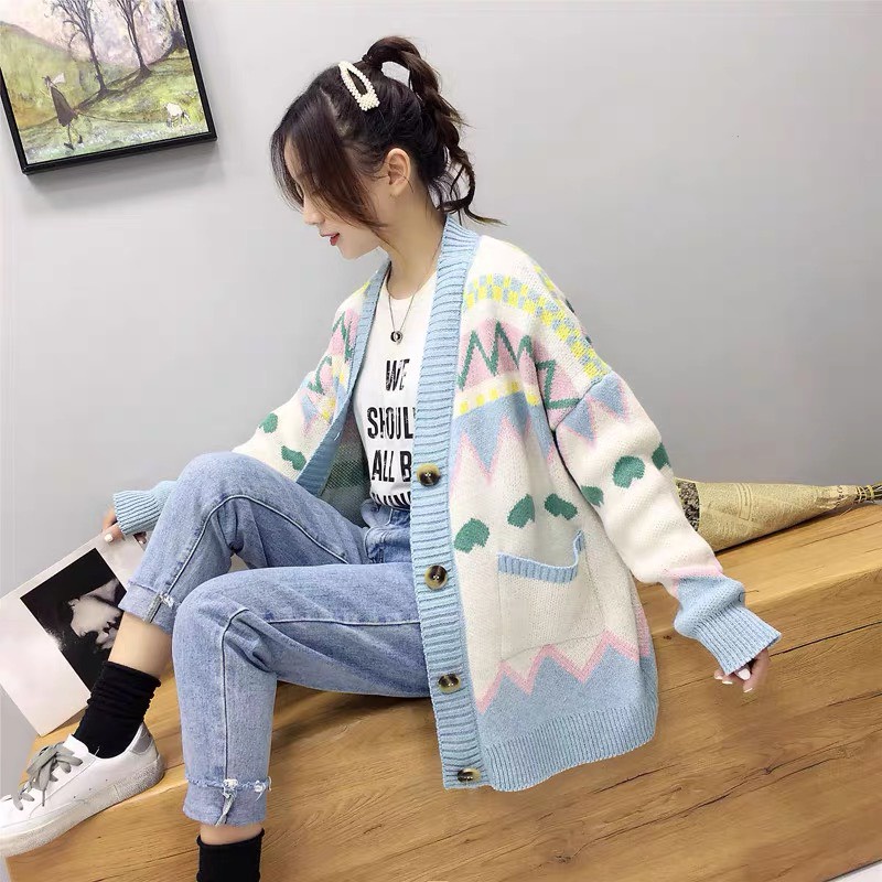 Áo Cardigan Hoa Dáng Rộng, Áo Len Họa Tiết Dài Tay Kiểu Hàn Chất Đẹp Siêu Cấp | WebRaoVat - webraovat.net.vn