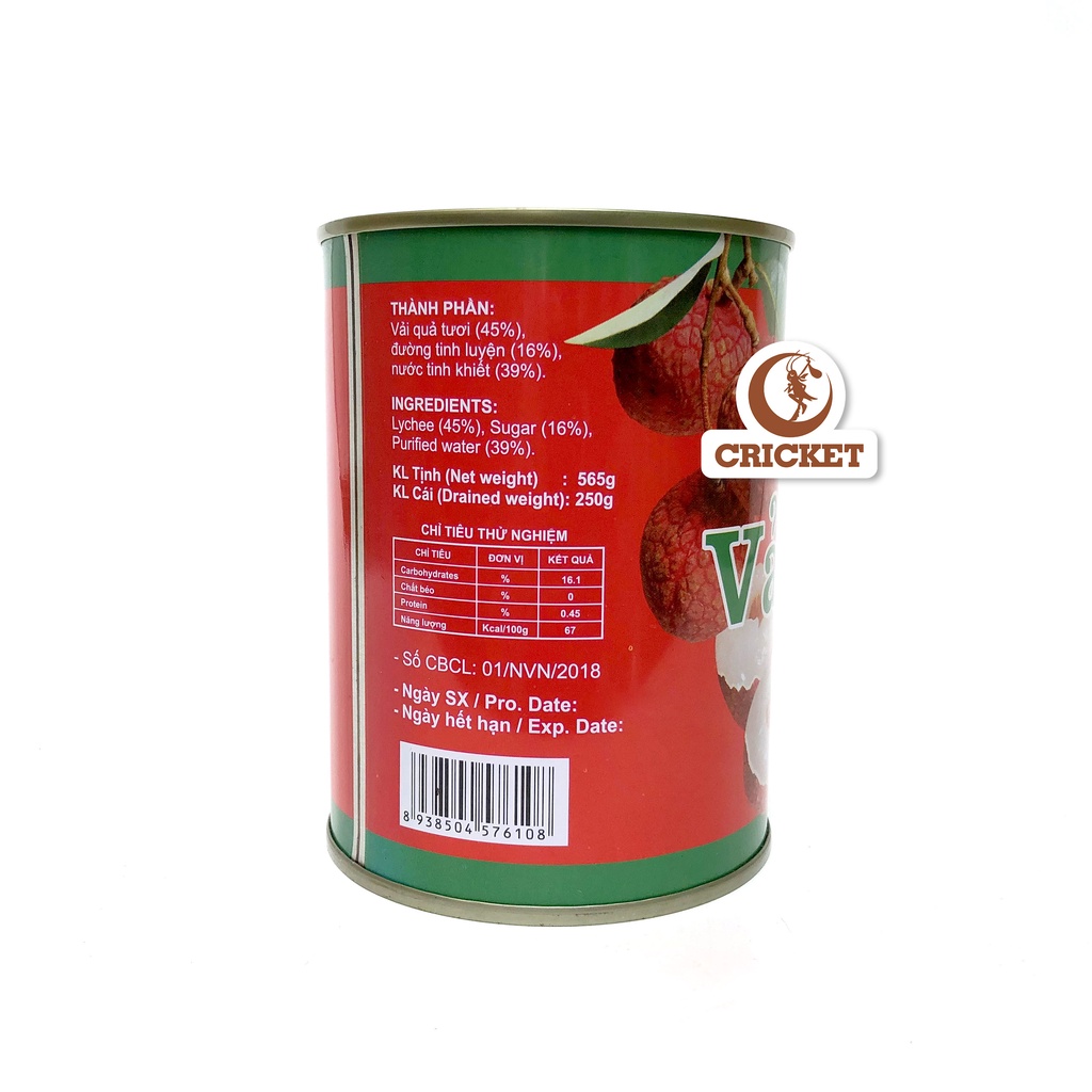 Vải thiều nước đường (Lon 565g) Đặc sản Hưng Yên, Nguyên Liệu Trà Sữa CRICKET