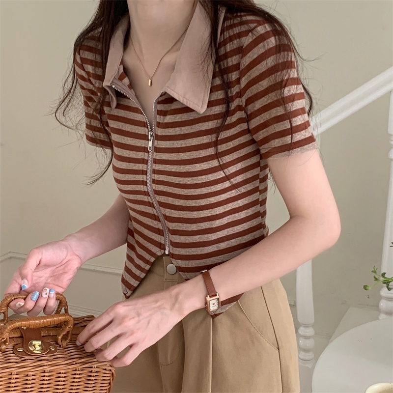 Áo thun polo dệt kim ZHELIHANGFEI họa tiết kẻ sọc thiết kế lệch tà thời trang cá tính cho nữ