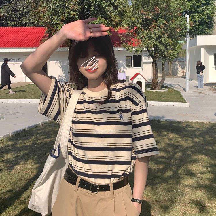 Áo Thun Cộc Tay Cổ Tròn Kẻ Sọc Ngang Dáng Rộng Phong Cách Hàn Quốc Cho Nữ JL-TX-512