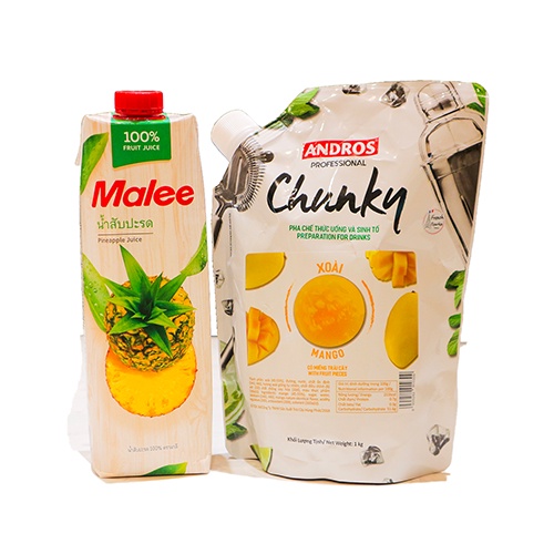 Bộ đôi Nước ép Thơm Malee chai 1L và sinh tố Chunky Xoài 1kg. Hàng công ty có sẵn giao ngay