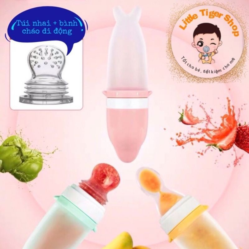 Bình Thìa Ăn Dặm Silicon Tặng Kèm Túi Nhai Hoa Quả / Bình Ăn Dặm Cá Heo Cho Bé