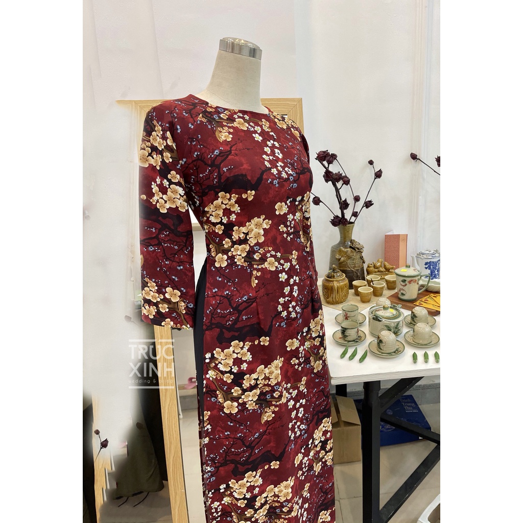 Áo dài đỏ hoa nhí - Áo dài đỏ đô in hoa đào