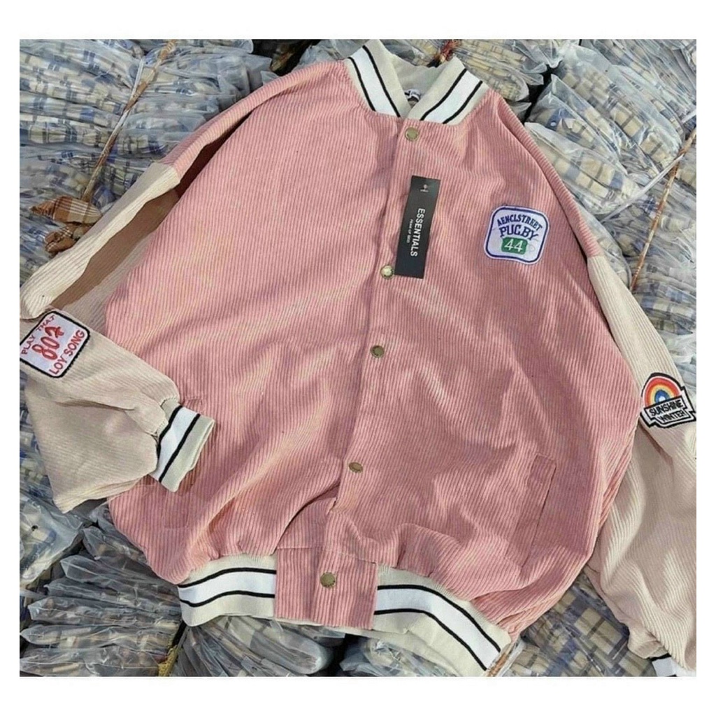 Áo khoác bomber nhung gân thêu logo puc.by 44 form rộng Couple jacket Varsity Graffiti