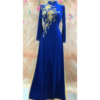 ÁO DÀI NHUNG XANH BÍCH CHO MẸ CỔ CAO TRUYỀN THỐNG VÀ CỔ THUYỀN - ẢNH THẬT