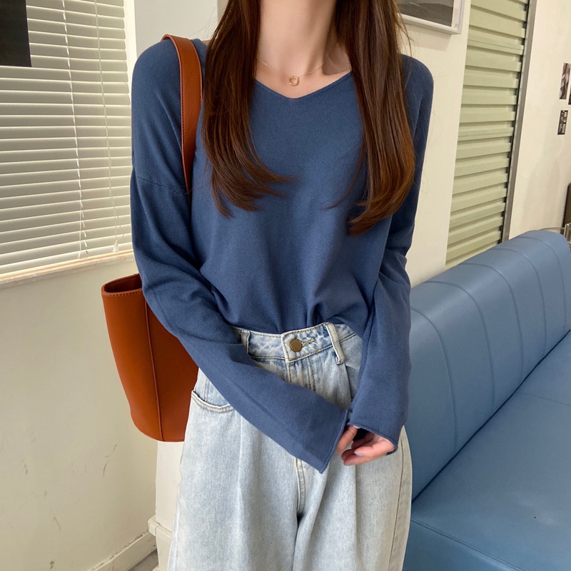 Áo dệt kim tay dài cổ chữ v dáng rộng phong cách cho nữ 44966