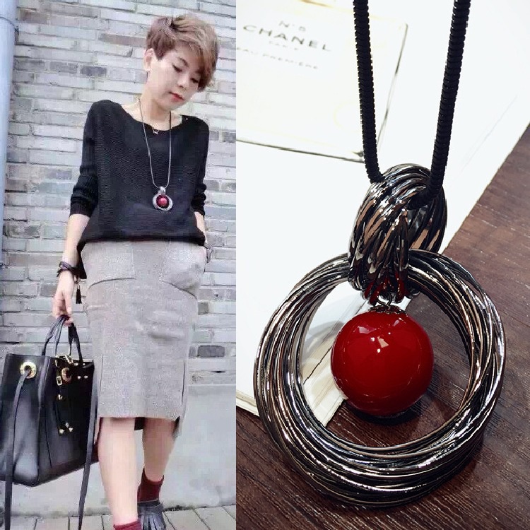 Vòng cổ Dáng Dài Mặt Nhẫn Đôi Đính Ngọc Trai Đỏ Thời Trang Cho Nữ