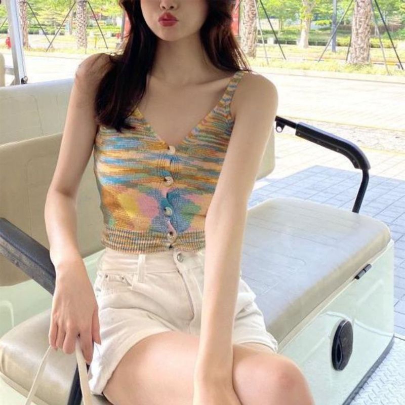 Áo Croptop Dệt Kim Cổ Chữ V Phối Nút Họa Tiết Kẻ Sọc Nhiều Màu Thời Trang Quyến Rũ Cho Nữ