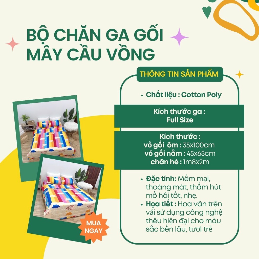 Bộ chăn ga gối An Như ga giường poly, ga trải giường mây cầu vồng