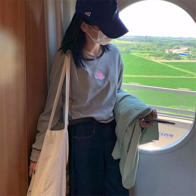 SUXI Áo Thun Tay Dài Cổ Tròn Màu Sắc Đơn Giản Cho Nữ