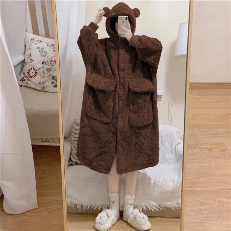 GRIZZ/Váy Ngủ Bông Mịn Gấu Nâu