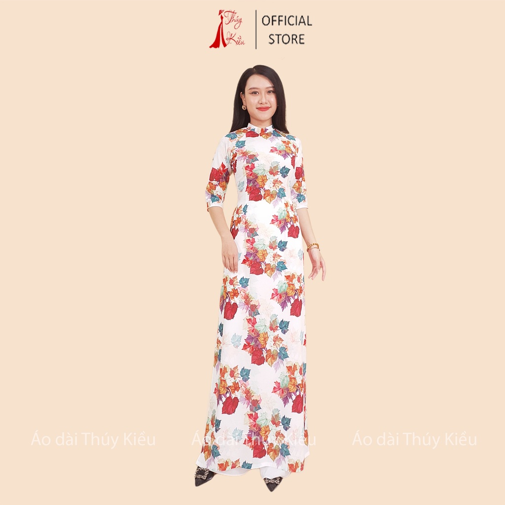 Áo dài nữ may sẵn thiết kế đẹp cách tân tết nền trắng lá nho K142 Thúy Kiều mềm mại, co giãn, áo dài giá rẻ