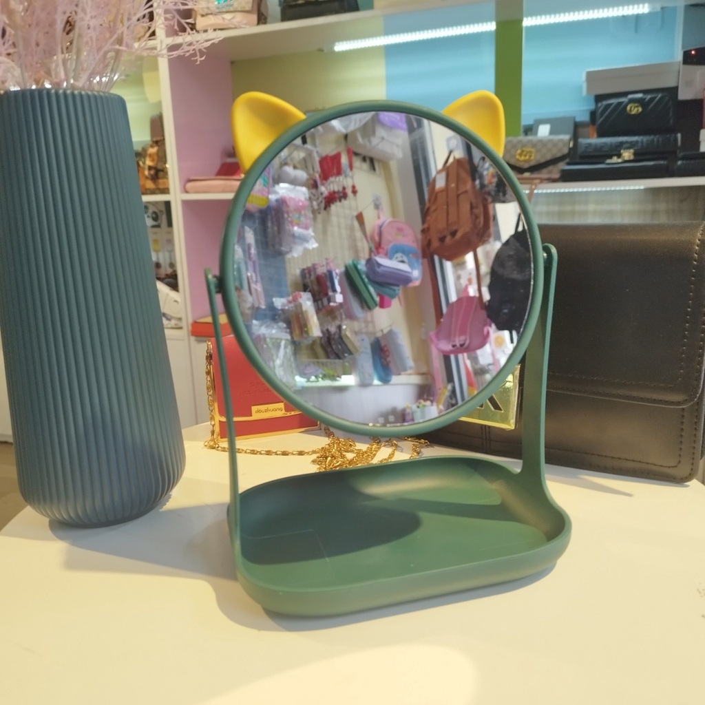 Gương trang điểm để bàn tai mèo để bàn chất liệu nhựa cứng xoay 360 độ, có khay đựng màu sắc siêu đẹp