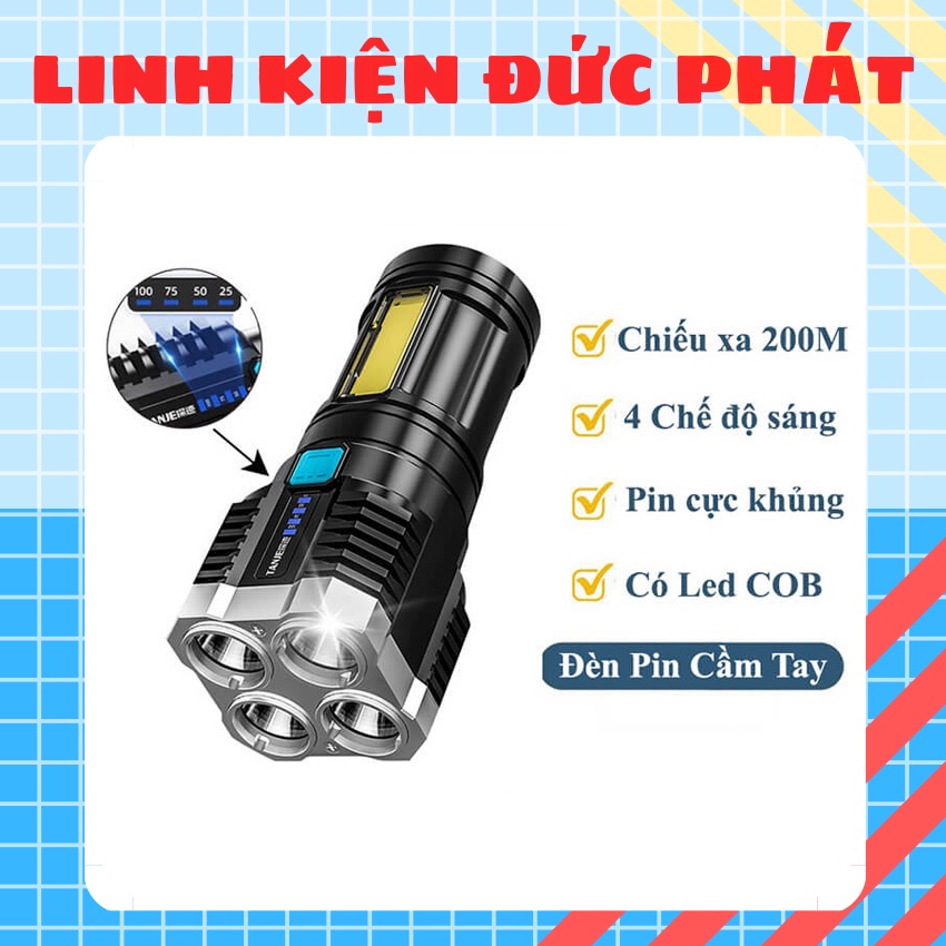 Đèn Pin Siêu Sáng 4 Bóng 4 Chế Độ Sạc Cầm Tay Chiếu Xa  Tích Điện, Đèn Pin Led, Du Lịch