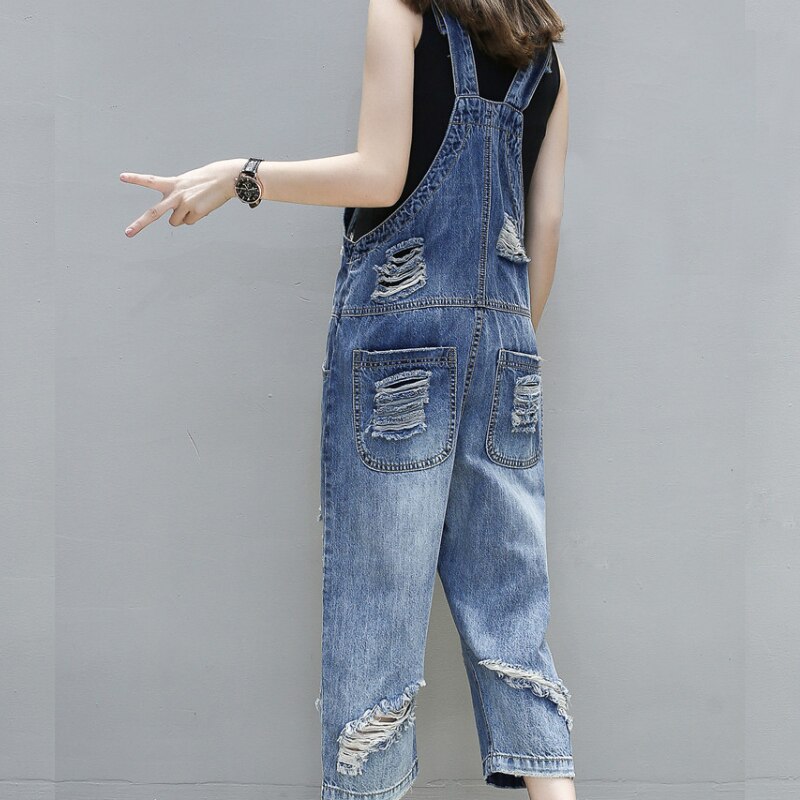 New 2018 Fashion Women Hole Overall Jeans Jumpsuit Suspender Loose Ripped Overalls Jeans For Women Buckled Ankle-Length Overalls