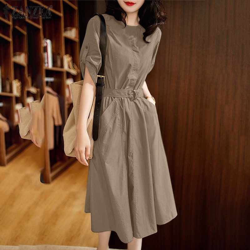 Đầm ZANZEA tay ngắn cổ tròn màu trơn phong cách retro thời trang dành cho nữ