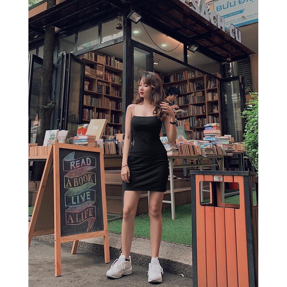 Đầm nữ🍓🍓váy 2 dây quai mảnh ôm body , màu đen, sợi bún, mặc lên tôn dáng, vải thun cotton thoáng mát co giãn