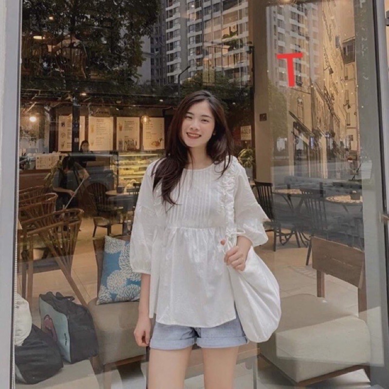Áo sơ mi trắng babydoll tay lỡ chun bồng