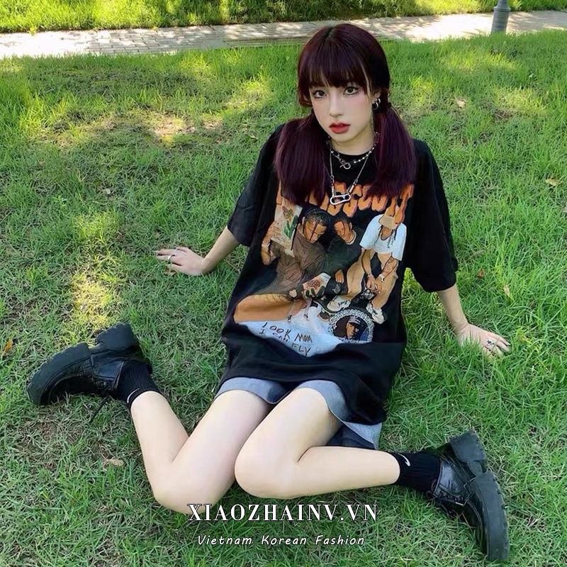 Xiaozhainv Áo Thun Tay Ngắn In Hình Cá Tính Phong Cách Hip Hop Hàn Quốc 2 Màu Tùy Chọn Cho Nữ