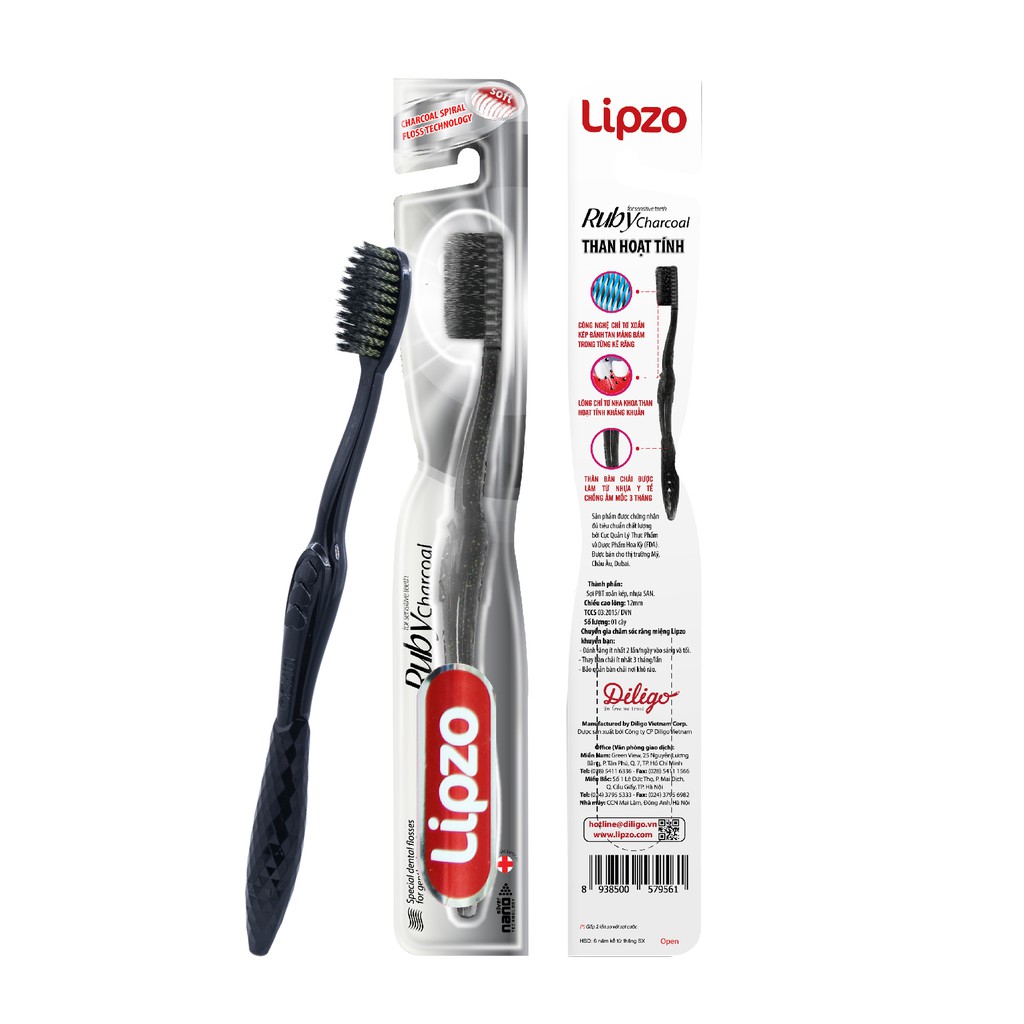 Bàn Chải Đánh Răng Lipzo Ruby Charcoal Dành Cho Nhạy Cảm Công Nghệ Chỉ Tơ Than Hoạt Tính Kháng Khuẩn Siêu Nhỏ Mềm Mảnh
