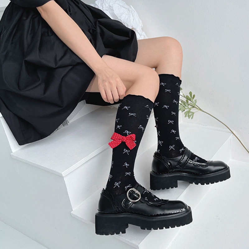 Vớ Cotton Co Giãn Phối Bèo Đính Nơ Họa Tiết Chấm Bi Phong Cách Lolita Dễ Thương Cho Nữ