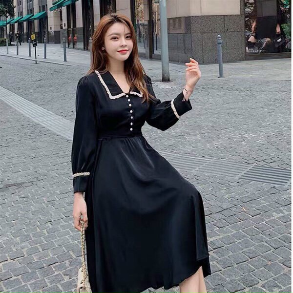 Váy đầm nữ cổ bẻ viền ren tay phồng dáng xòe có hàng nút ngực thanh lịch