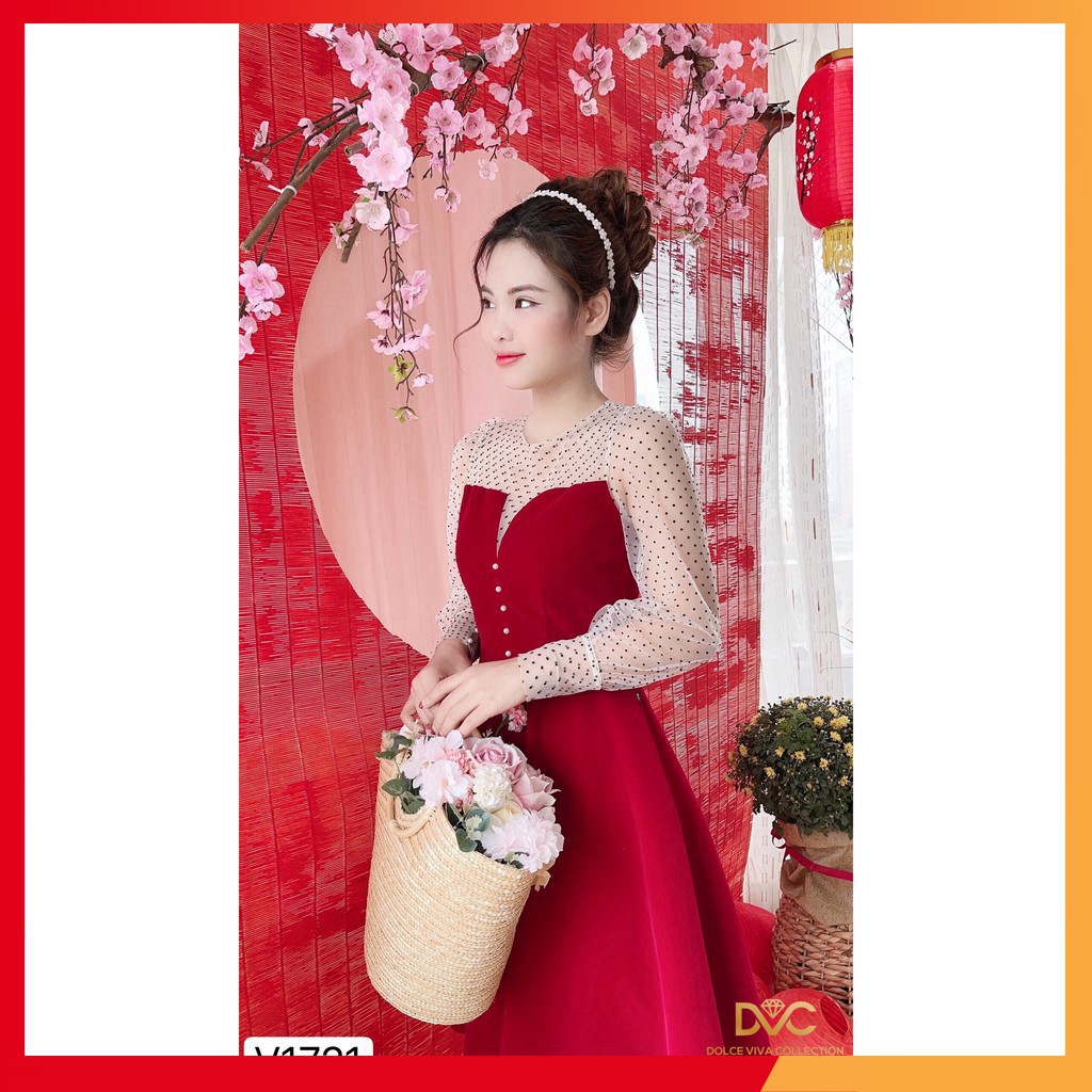 Váy nhung đỏ tay phối ren V1721 - DVC Dolce Viva Colection Authentic ( Ảnh mẫu và ảnh trải sàn do shop tự chụp )