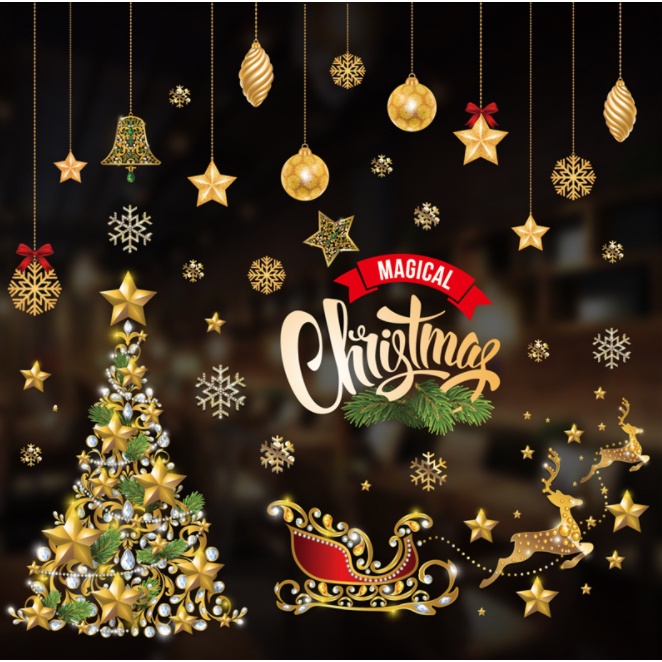 Decal trang trí Noel Hít Tĩnh Điện - Rèm phụ kiện và cây thông ánh vàng