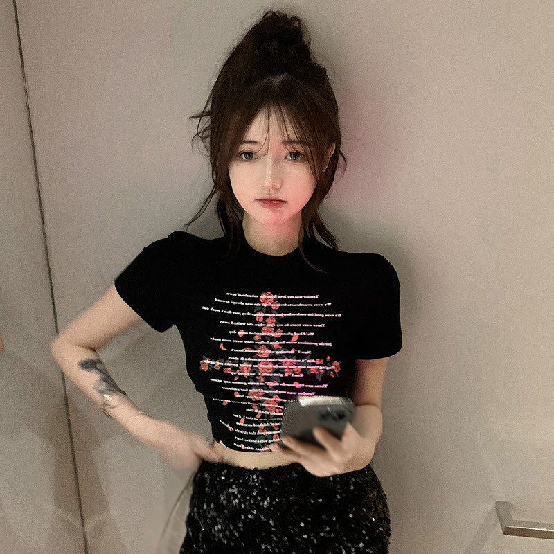 Áo Thun Croptop Cổ Tròn Tay Ngắn Dáng Ôm In Hoa Hồng Kiểu Retro Hàn Quốc Thời Trang Cho Nữ
