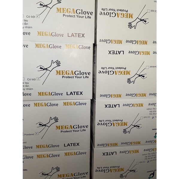 1 thùng ( 10 bịch x bich 100 chiếc ) găng tay y tế Latex khám bệnh mega GLove .