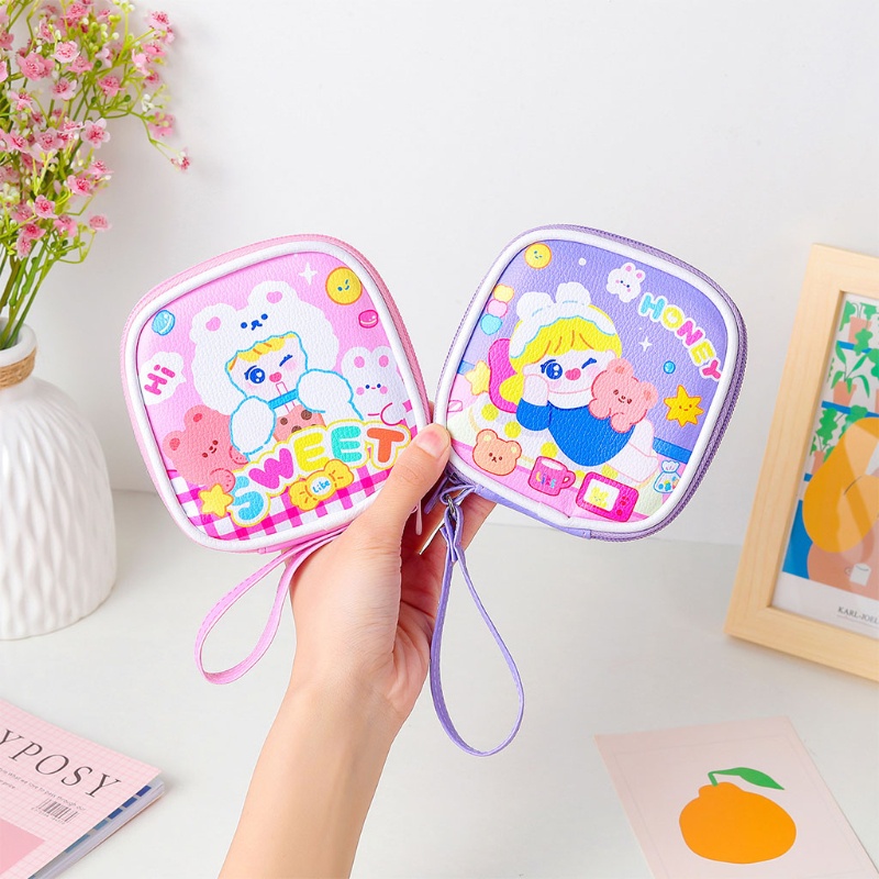 Túi Đựng Dây Cáp / Điện Thoại / Tiền Xu Bằng Da Pu Họa Tiết Hoạt Hình Dễ Thương