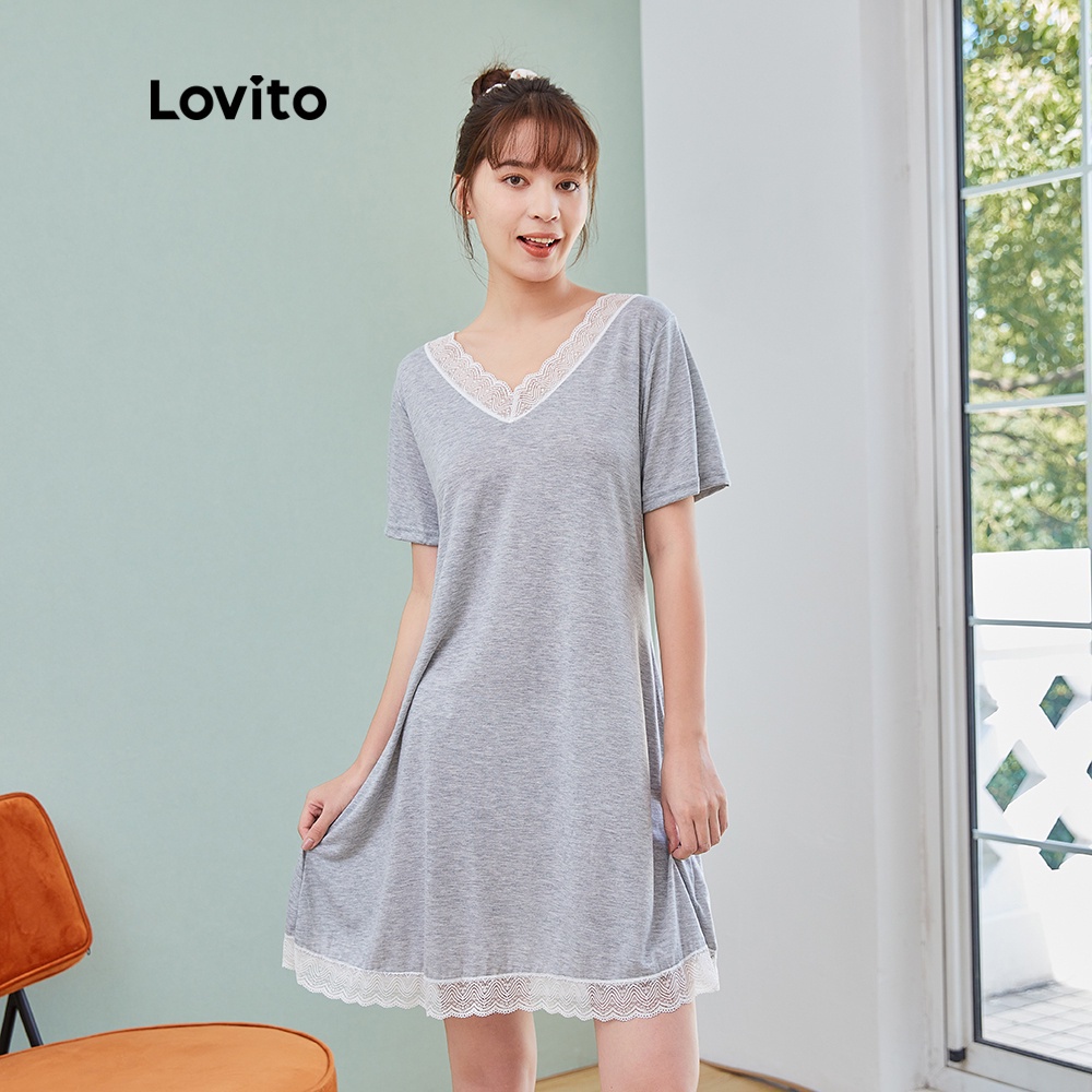 819 VN Delisted 7/27DelistĐầm midi Lovito dáng ôm vừa vặn cổ chữ V viền ren đơn giản L04149 (màu xám)