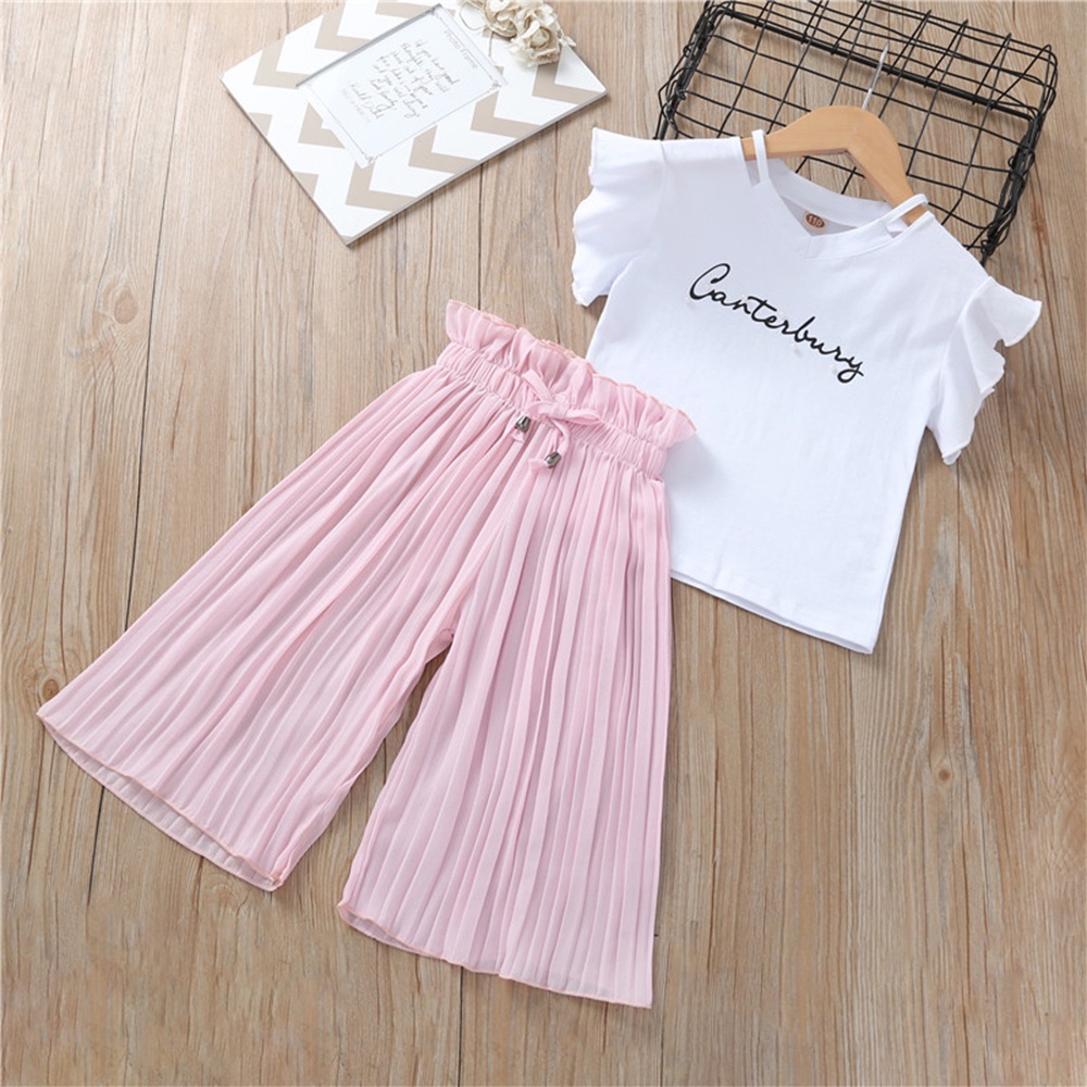 Set Áo Thun Ngắn Tay + Quần Ống Rộng Chất Liệu Cotton Thoáng Khí Cao Cấp Thời Trang Dành Cho Bé Gái