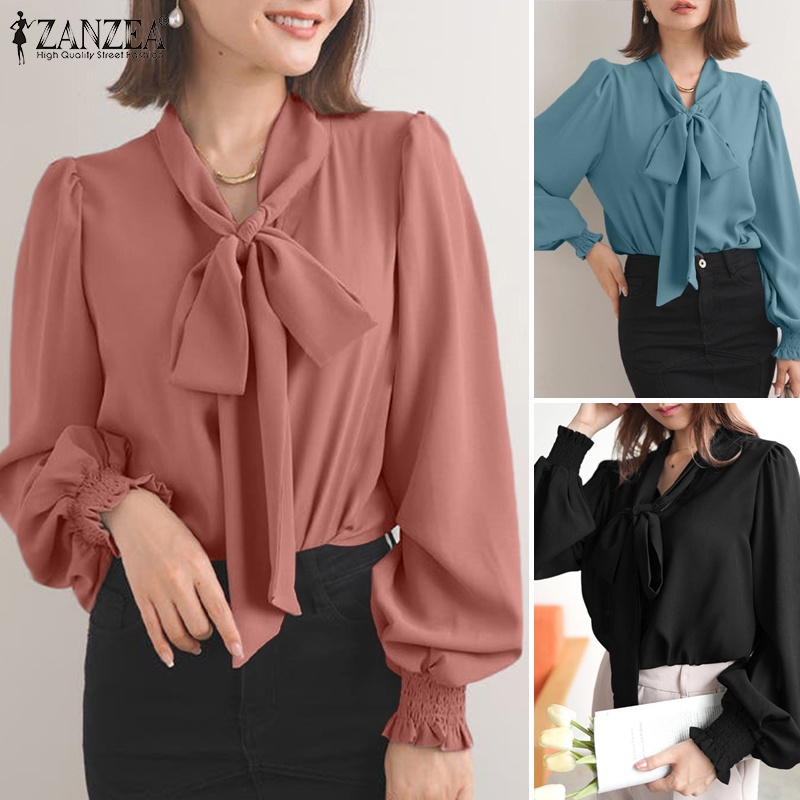 Áo ZANZEA tay dài cổ buộc nơ màu trơn phong cách Hàn Quốc thanh lịch dành cho nữ