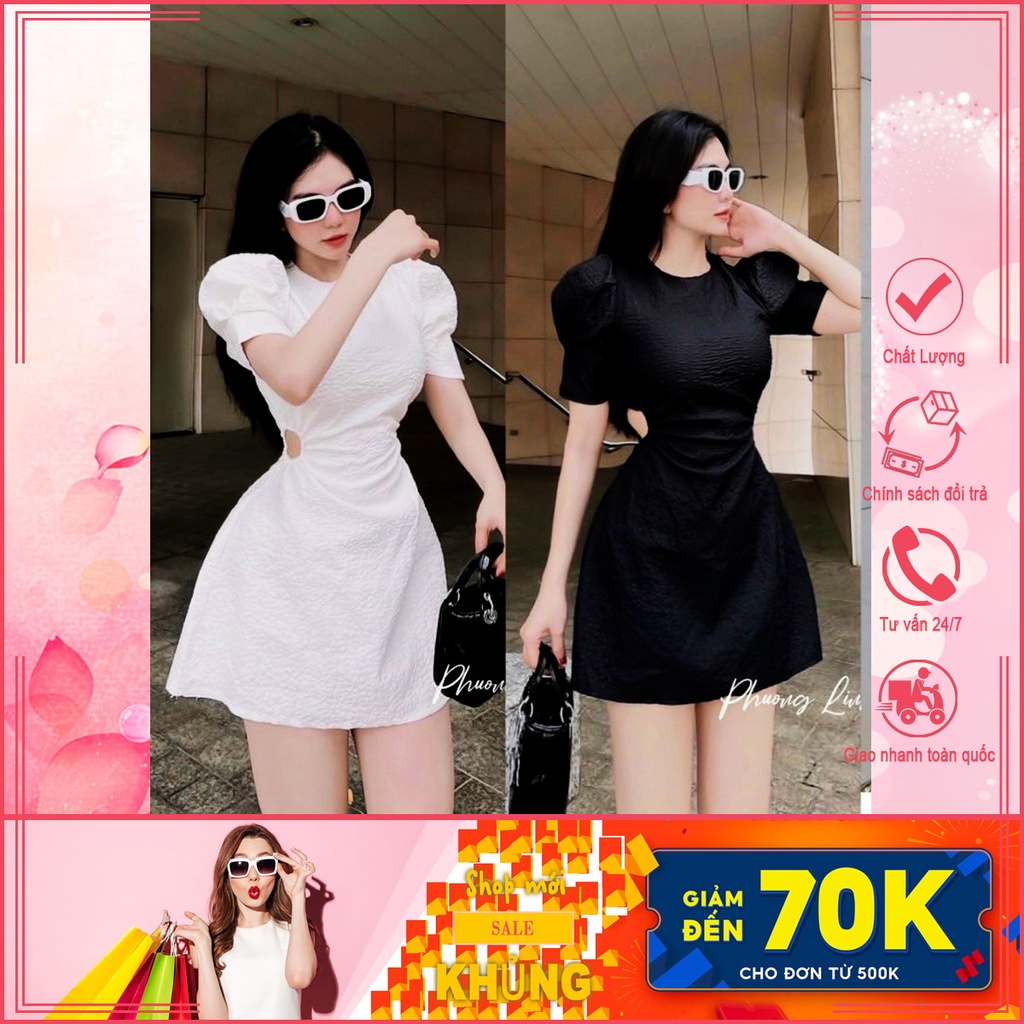 Đầm khoét eo, đầm nữ đầm dáng xòe chất liệu gấm xốp