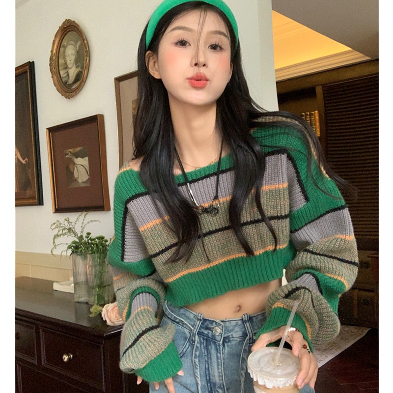 Áo Thun Lửng Tay Dài Họa Tiết Kẻ Sọc Thời Trang Mùa Thu Dễ Phối Đồ Cho Nữ