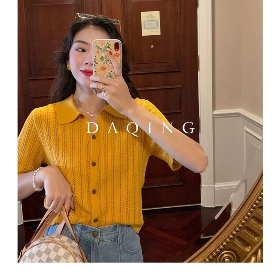 Áo Thun Polo Ngắn Tay Phong Cách Retro Hàn Quốc 2021 Cho Nữ