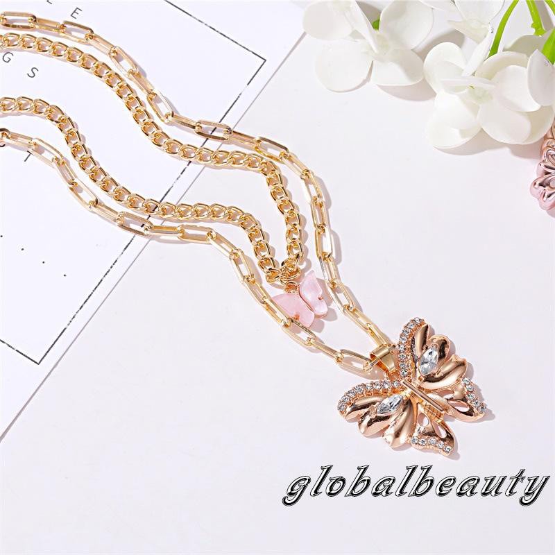 GB-Female Necklace, Adults Two-Layer Butterfly Necklace Metal Collarbone Chain for Women, Golden